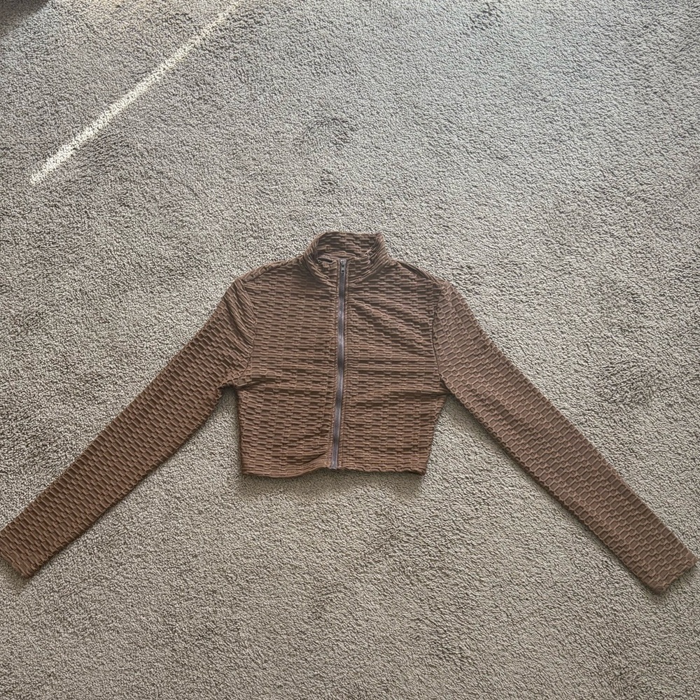 SHEIN Plaid Cropped Workout Top ONLY S color Brown long sleeve yoga Top - Picture 2 of 6